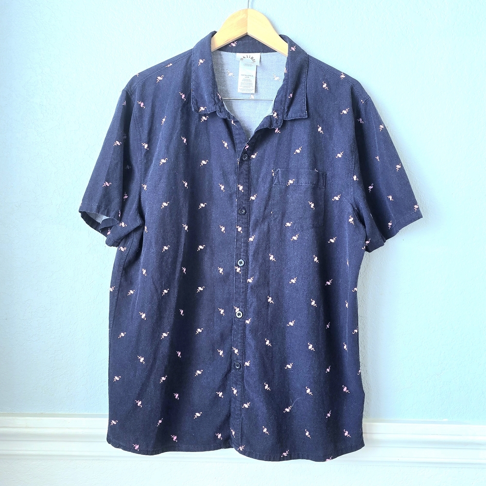 Revolution Dark Blue Casual Button Down Shirt With Flamingi Motif